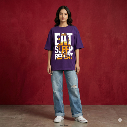 Female Oversized Garfield Eat Sleep Repeat Purple Tshirt