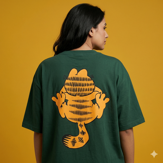 Female Green Bith SIde Print Garfield Oversized Tshirt