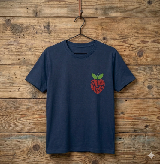 Women's Navy Blue Pocket Strawberry Graphic Tshirt